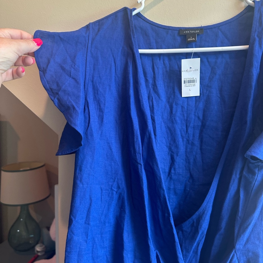 Ann Taylor Blue Ruffled Cap Sleeve Blouse - Picture 2 of 7